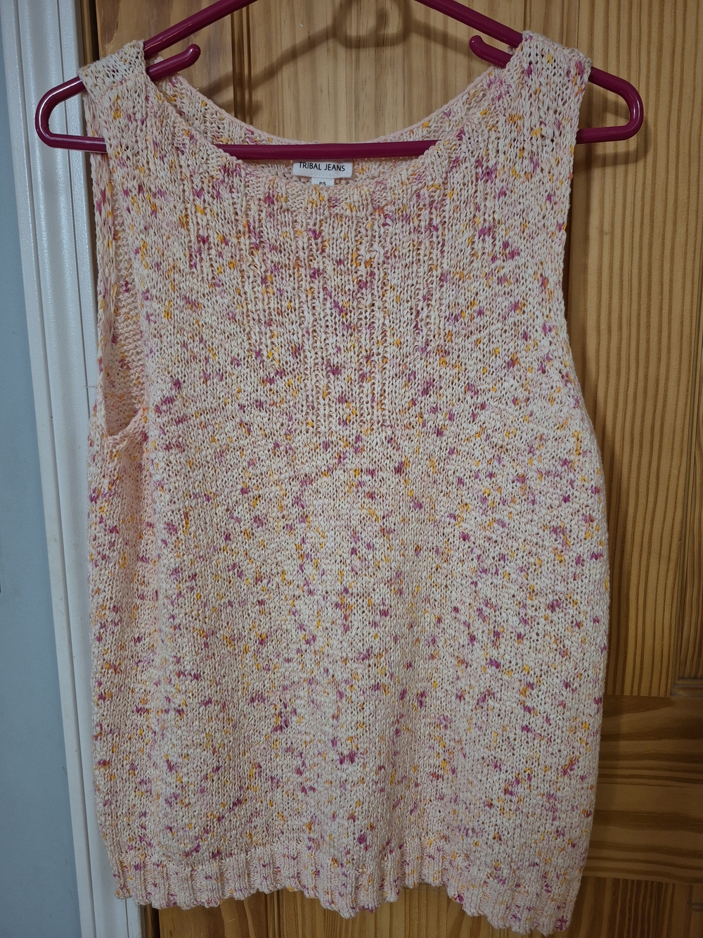 Tribal Speckled Cream Knit Sleeveless Sweater with Pink and Yellow Flecks